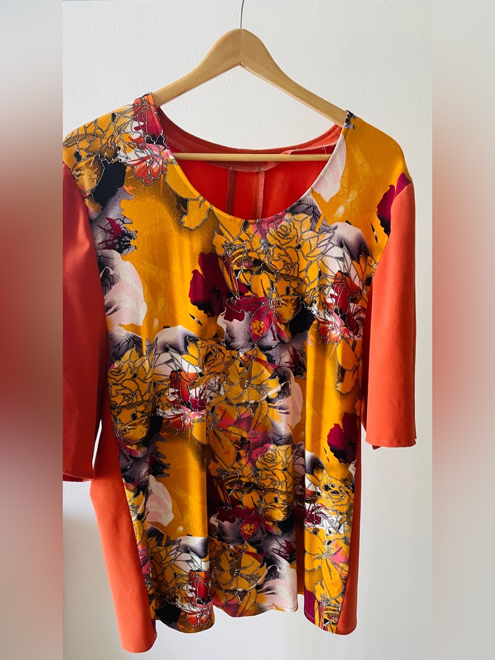 Women’s Handmade Floral Scoop Neck Tunic Top in Mustard, Coral XXL Plus Size